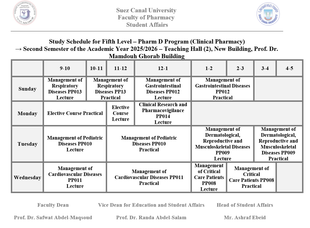 Study Schedules – Second Semester 2025/2026 Faculty of Pharmacy – Suez Canal University